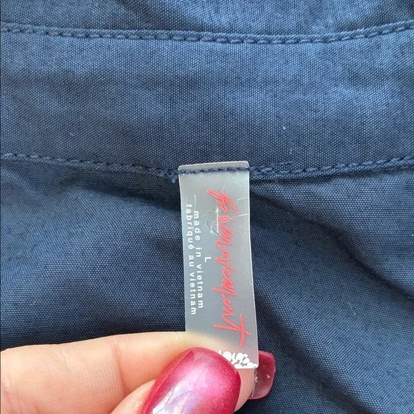 Free People Mesmerize Me Jumpsuit Longsleeve Navy Blue Wide Leg Cargo Pants L - Picture 9 of 10